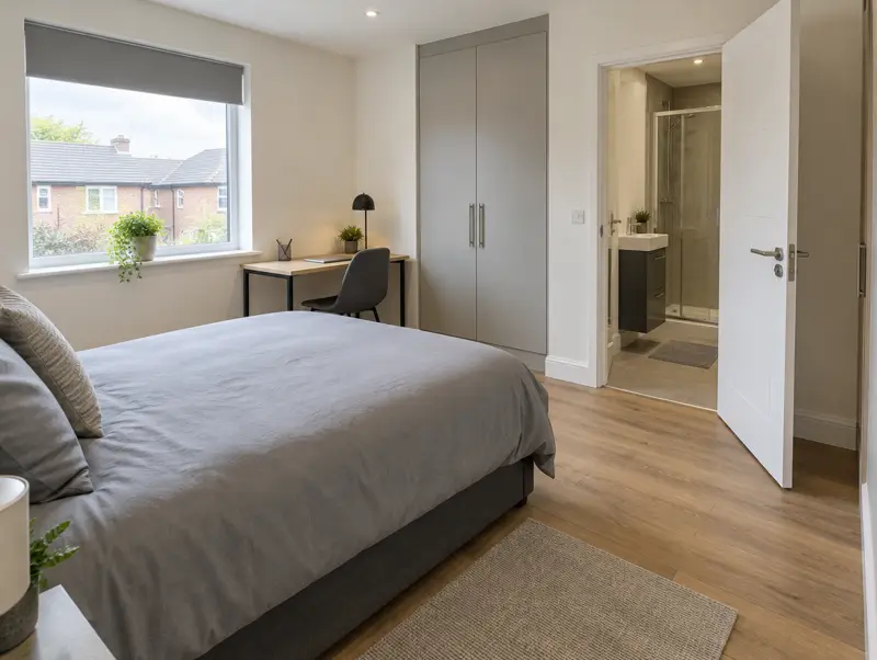 Refurbished HMO double bedroom with desk, fitted wardrobe and private ensuite