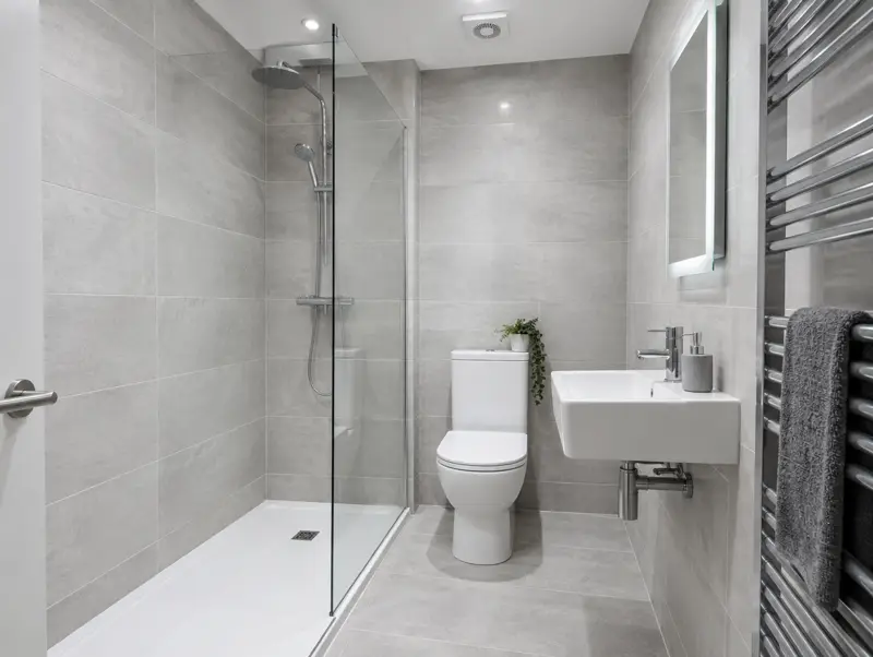 Newly fitted compact ensuite shower room with tiled walls and heated towel rail