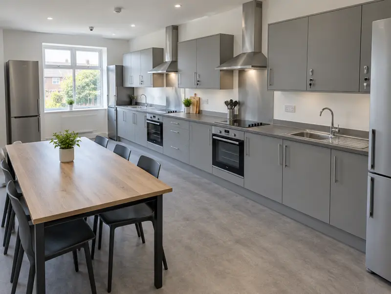 Large communal HMO kitchen with two sinks, two ovens and two fridge-freezers